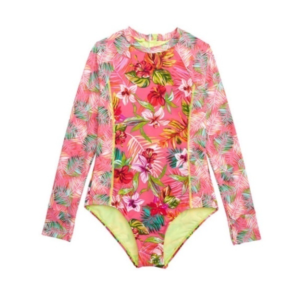 Hobie Girls Flor All Nothing One-Piece Rashguard Swimsuit 8/10 Tropical pink